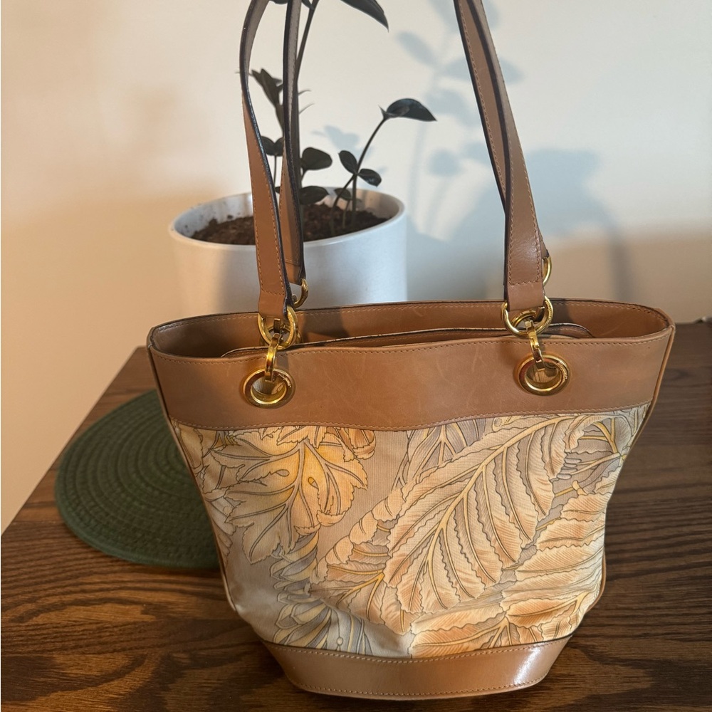 Authentic Salvatore Ferragamo Botanical Canvas Leather Shoulder Tote Bag
